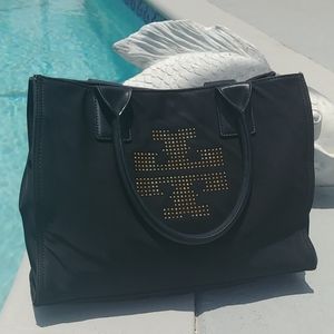 Tory Burch Ella Mini studded black carry all tote